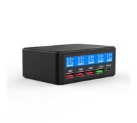 Cargador USB con Pantalla LCD, 65W 5-Puerto Cargador Rápido Inteligente QC 3.0 20W PD 3.0 Múltiple USB Adaptador Fast Charger para iPhone 16 15 Plus 14 13 12 11 Pro MAX, iPad, Samsung,Google Pixel