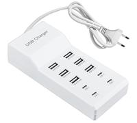 Cargador USB de 10 puertos, 50 W, 5 V, cargador USB múltiple, 10 puertos, estación de carga rápida para teléfonos móviles, tabletas, consolas de juegos (enchufe UE)