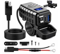 Cargador USB Moto 12V 24V, USB C PD36W QC3.0 18W, Voltímetro LED | Toma impermeable con interruptor SAE y fusible 10A para manillar 19-22mm, rutas largas, camper, barco, coche y uso exterior