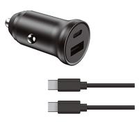 Ksix - Cargador de coche , 20W, Carga rápida, Power Delivery, Multipuerto USB-C y USB-A + cable USB-C a USB-C, Negro