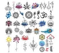 CARGEN 30 Hojas Yoga Tatuaje Temporal Conjunto Lycoris Radiata Shabda OM Mandalas Lotus Elefante Pluma De Pavo Real Pegatina Impermeable