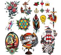 CARGEN Tatuajes Temporales para Mujeres Hombres Vintage Pluma Flor Tatuajes Temporales para Mujeres Clásico Espada Globo Faro para Hombres Americano Tradicional Tatuaje para Brazo Pie para Fiesta