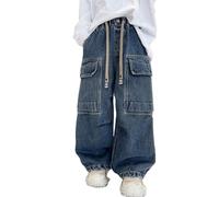 Cargo Jeans for Boys Wide Leg Baggy Denim Pants with Multi Pockets Kids Drawstring Elastic Waist Casual Trousers Teens Loose Fit Comfy Denim Jeans Retro Y2K Streetwear