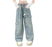 Cargo Jeans for Girls High Waist Wide Leg Baggy Denim Pants with Multi Pockets Kids Loose Fit Casual Denim Trousers Trendy Y2K Hip Hop Streetwear Teen Girls Vintage Flared Jeans