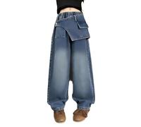 Cargo Jeans Girls Vintage Baggy Wide Leg Denim Trousers Kids Y2k Hip Hop Elastic Waist Streetwear Plus Size Jeans with Pockets Fashion Children Distressed Casual School Pants