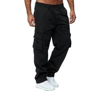 Cargo Pants For Men Relaxed Fit Straight Leg Elastic Waist Multi Pocket (Black,XL)