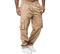 Cargo Pants For Men Relaxed Fit Straight Leg Elastic Waist Multi Pocket (Khaki,XL)