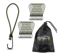 CargoVA® - 20 Gomas de sujeción con Gancho y Bolsa práctica - Ganchos elásticos para Lonas y Redes Verde Oliva - 18cm [20 Unidades]