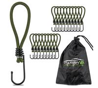 CargoVA® - 20 Gomas de sujeción con Gancho y Bolsa práctica - Ganchos elásticos para Lonas y Redes Verde Oliva - 15cm [20 Unidades]