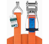 CargoVA® Correa con trinquete y gancho, juego de 2 unidades, 35 mm x 6 m de largo, resistencia a la rotura de 2000 kg, correa de trinquete de 2 piezas de color naranja.