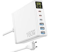 Caricatore USB C, 160 W GaN 6 puertos cargador rápido con LED Display, cargador de corriente múltiple con 3 USB-C y 3 USB-A PPS PD 3.0 für Macbook Pro/Air Laptop iPhone iPad Samsung