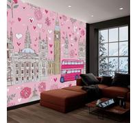 Caricatura Papel Pintado Mural de Pared 400 x 280 cm Decoración Moderna, Edificios Urbanos Rosas Autobús Flores Diseño de Pared para Salón Dormitorio Oficina Pasillo Póster