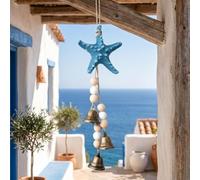 Carillón de viento de estrella de mar costera, campanas rústicas náuticas con estrella de mar de resina, cuentas de madera y cuerda de yute, campanas relajantes de bajo decibelio para patio y jardín