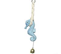 Carillón de viento de madera para diseño de caballito de mar | Decoración colgante temática del mar Mediterráneo con campanas de metal | Adorno de pared rústico hecho a mano | Blanco y azul | 15 x 7