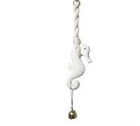 Carillón de viento de madera para diseño de caballito de mar | Decoración colgante temática del mar Mediterráneo con campanas de metal | Adorno de pared rústico hecho a mano | Blanco y azul | 15 x 7