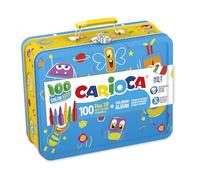 Carioca Box | Caja Lata Azul Rotuladores Superlavables Punta Fina y Maxi, con Álbum para Colorar, 100 Rotuladores