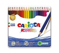 Carioca Lápices Acuarelables | Caja Metálica de 24 lápices acuarelables | Efecto acuarela si se mezclan los colores con agua y pincel | Colores surtidos y escritura blanda | 24 piezas