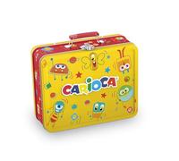 CARIOCA Pinturas + libro para colorear - Caja de lata (amarillo) con 100 rotuladores Carioca Joy con punta fina de 2,8 mm, tinta súper lavable + 1 libro para colorear, juego de colores, fabricado en