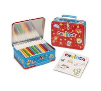 CARIOCA Pinturas + libro para colorear - Caja de lata (rojo) con 100 rotuladores Carioca Joy con punta fina de 2,8 mm, tinta súper lavable + 1 libro para colorear, juego de colores, fabricado en