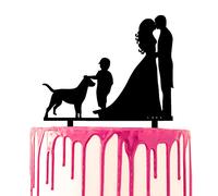 CARISPIBET cake toppers groom surprises bride with flower bouquet acrylic silhouette cake decoration tool (Couple kissing with one son and one dog)