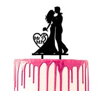 CARISPIBET cake toppers groom surprises bride with flower bouquet acrylic silhouette cake decoration tool (Groom and bride hugging with a heart)