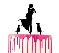 CARISPIBET cake toppers groom surprises bride with flower bouquet acrylic silhouette cake decoration tool (Groom picks up bride with two dogs)