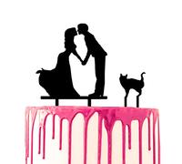 CARISPIBET Decoración decorativa para tartas de novia y novio tomados de la mano para un beso con un gato mascota a su lado silueta acrílica