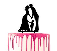 CARISPIBET decoración para tarta de boda con novio y novia mirándose entre sí y una pequeña hija en el medio