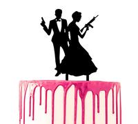 CARISPIBET Decoración para tarta de boda, silueta temática de novio y novia como agentes secretos, decoración de pastel de acrílico