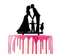 CARISPIBET Decoración para tartas de matrimonio, aniversario, boda, decoración para tartas de novio y novia, beso con un niño y una niña a sus lados, acrílico