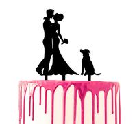 CARISPIBET Decoración para tartas, diseño de novio y novia besándose con un perro a su lado, silueta acrílica