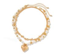 CARISSETT Paquete de 2 collares con colgante de corazón de cuentas de moda, collares de doble capa, textura de aleación, adecuado para mujeres y niñas, collar de moda para mujer, talla única, como se