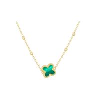 CARISSIMA Collar para mujer en oro amarillo de 9 quilates con trébol de malaquita de 9,5 mm y bolas decorativas, ajustable de 41 cm/16'' a 43 cm/17''