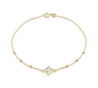 CARISSIMA Pulsera para mujer en oro amarillo de 9 quilates con trébol de nácar de 8,5 mm y bolas decorativas, ajustable de 18 cm/7'' a 19 cm/7.5''