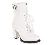 Carkuolary Mujeres Combat Botas cortas al tobillo Punta Redonda Chunky Cordones Side Zippers Tacones De Bloque Botines para mujer Niñas Señoras Blanco Numero 44