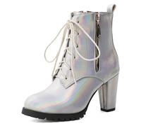 Carkuolary Mujeres Combat Botas cortas al tobillo Punta Redonda Chunky Cordones Side Zippers Tacones De Bloque Botines para mujer Niñas Señoras Plateado Numero 40
