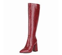 Carkuolary Mujeres Knee Botas Altas with Chunky Heel Puntiagudo Faux Cocodrilo Comodo and Fashionable Retro Botas for Otoño and Invierno Wear para mujer Niñas Señoras Rojo Numero 39