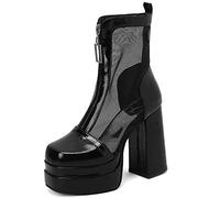 Carkuolary Mujer's Mesh Verano s Punta Quadrada Chunky Heels Cordones Sandalias with Cremalleraper Cocodrilo Fiesta para mujer Negro Numero 45