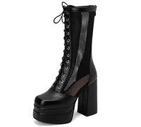 Carkuolary Mujer's Mesh Verano s Punta Quadrada Chunky Heels Cordones Sandalias with Cremalleraper Cocodrilo Fiesta para mujer Negro Numero 44
