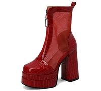 Carkuolary Mujer's Mesh Verano s Punta Quadrada Chunky Heels Cordones Sandalias with Cremalleraper Cocodrilo Fiesta para mujer Rojo Numero 45
