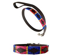 Carlos Diaz Collar de Perro Premium Bordado y Encerado Estilo Polo de Cuero Genuino + Correa Que Combina M