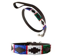 Carlos Diaz Set De Collar Y Correa para Perro Polo, Cuero Genuino Encerado Y Bordado L