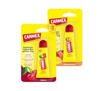 Carmex Mango y tubo de cereza de melocotón, cuidado de labios para labios secos, bálsamo labial hidratante y calmante para labios agrietados, con vaselina, vitamina E y cera de abejas - (2 x 10 g)