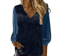 Carnaval 2026 Pop Mujer Nuevo Cuello en V Brillante Top de Lentejuelas Elegante Camiseta de Manga Larga de Lentejuelas Versión Holgada de la Camisa de Lentejuelas, marine, XXL