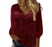 Carnaval 2026 Pop Mujer Nuevo Cuello en V Brillante Top de Lentejuelas Elegante Camiseta de Manga Larga de Lentejuelas Versión Holgada de la Camisa de Lentejuelas, rojo, XXL