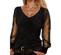 Carnaval Glitter Tops Mujer Nochevieja Traje Blusa Lentejuelas Tops con Mangas de Malla Elegante Lentejuelas Top Nochevieja Traje Festivo Blusas Túnica Rave Party, Negro-B., S