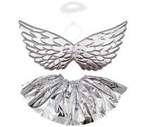 Carnavalife 3pcs Disfraz Angelitos para Niños Metalizado Brillante, Disfraz Angel Bebe, Alas Angel + Corona Angelito Niña + Tutu Metalizado para Halloween y Carnaval (PLATEADO)