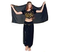 Carnavalife 3Pcs Mujeres Danza del Vientre, Ropa India Lentejuelas para Disfraz de Princesa, Conjunto de Bailando Top Pantalones de Linterna y Cadena de la Cabeza Barbijo (Negro)