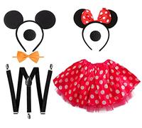 Carnavalife Conjunto de 2 Acceorisos para Disfraz de Mickey Minnie Mouse, Diadema con Orejas de Ratón, Pajarita Amarillo, Nariz Negro, Tirante y Falda Tutu con Puntos