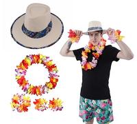 Carnavalife Conjunto Fiesta Hawaiana Collar Diadema y Pulseras Hawaiana + Sombrero Hawaiano Adulto Hombre Mujer Fiestas de Carnaval Halloween Hora Loca Boda Despedida de solteros (58 CM, CREMA)